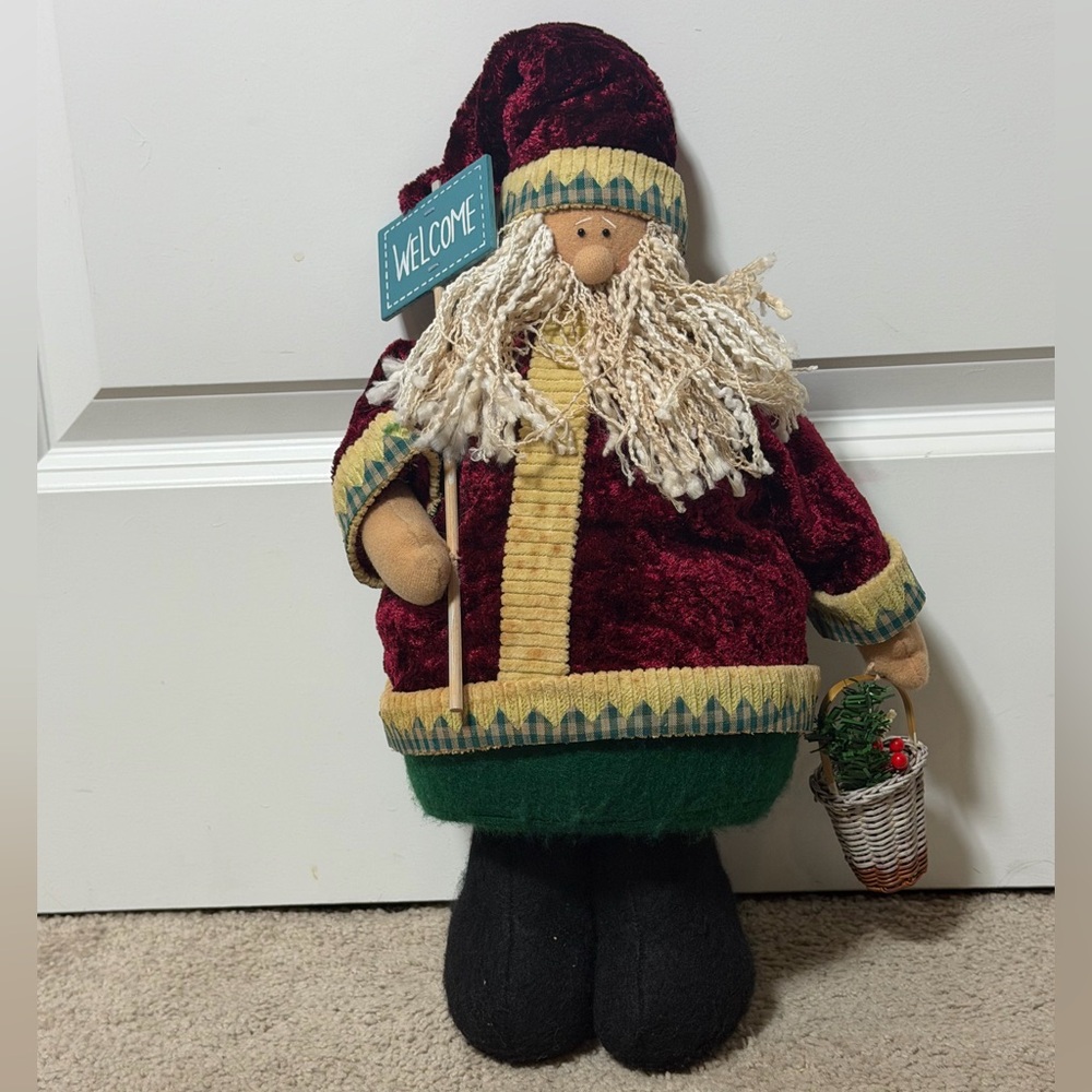 Vintage Style Santa Claus Plush Figure w/ Welcome Sign Christmas Decor